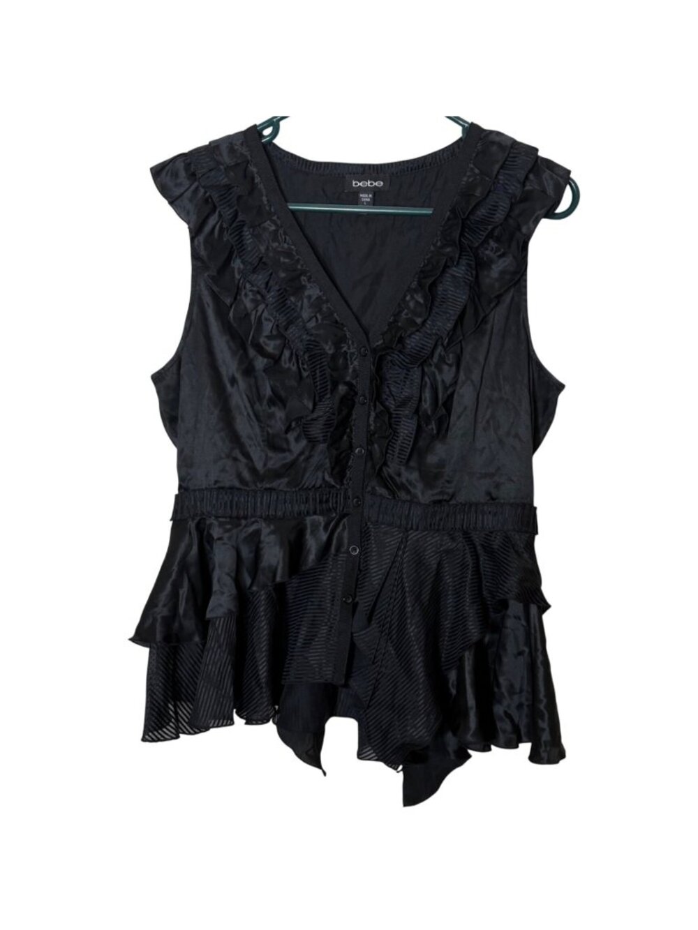 bebe Whimsigoth L Black Silk Ruffle Sleeveless Blouse Top Asymmetrical Hem Y2K